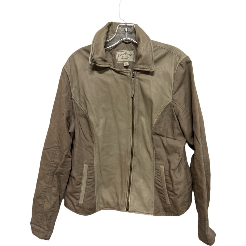 Lucky Brand Lamb Leather Linen Moto Jacket XL Tan Paneled Zip Boho Lightweight